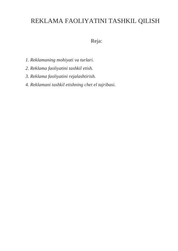 REKLAMA FAOLIYATINI TASHKIL QILISH