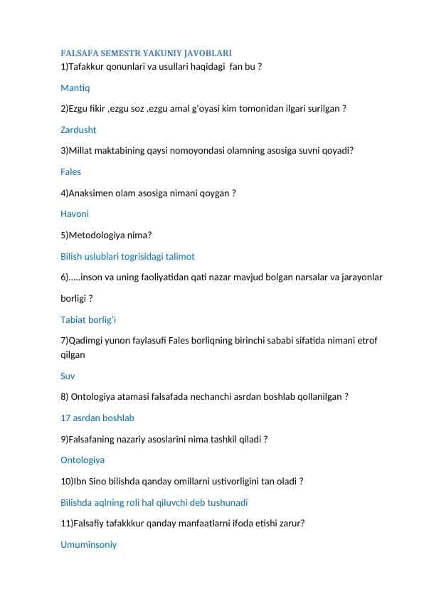 FALSAFA SEMESTR YAKUNIY TESTTI