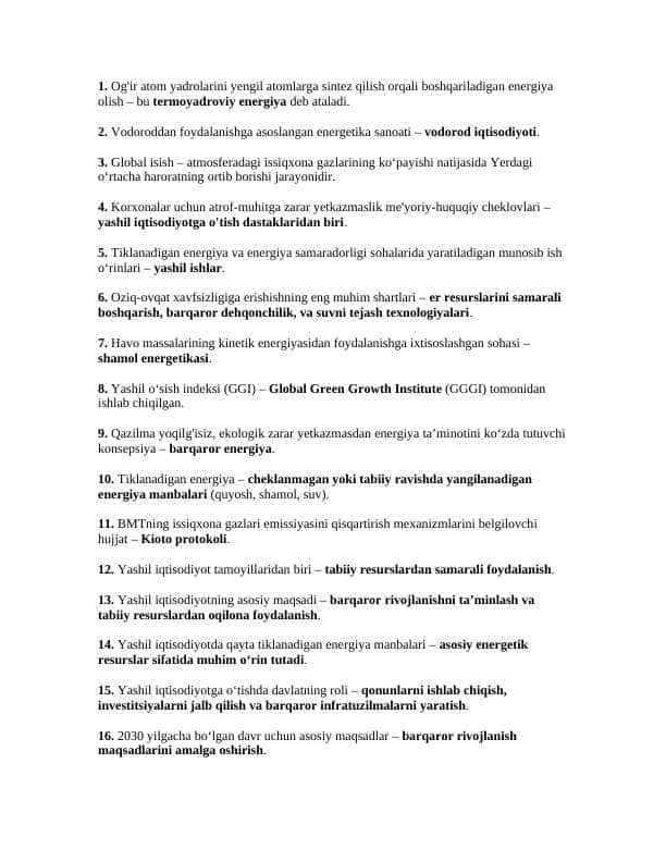 Yashil iqtisodiyot yakuniy savollar va javoblari