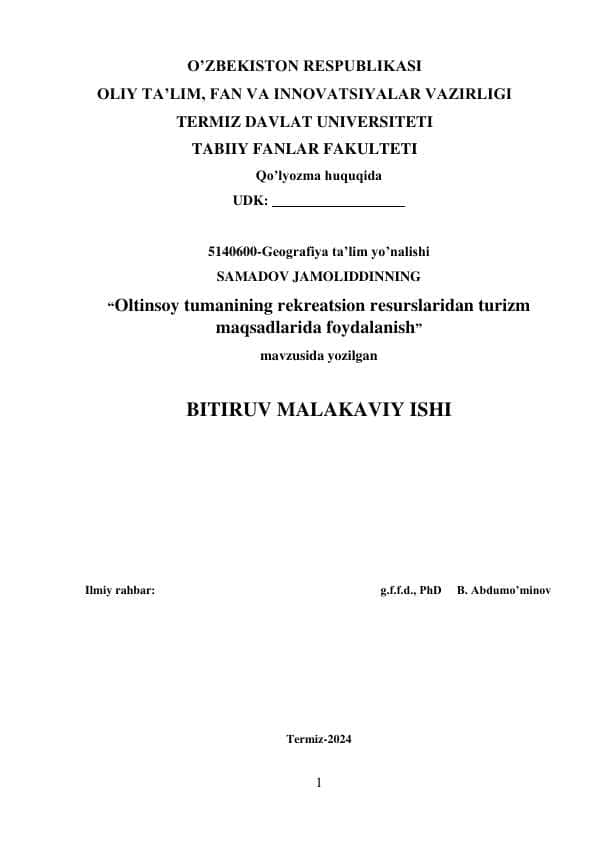 Oltinsoy tumanining rekreatsion resurslaridan turizm maqsadlarida foydalanish