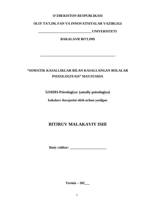 SOMATIK KASALLIKLAR BILAN KASALLANGAN BOLALAR PSIXOLOGIYASI