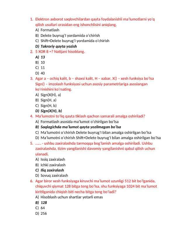 KIBERXAVFSIZLIK ASOSLARI YAKUNIY BAZA. TATU.