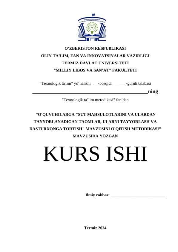 O'quvchilarga Sut mahsulotlarini va ulardan tayyorlanadigan taomlar, ularni tayyorlash va dasturxonga tortish mavzusini o'qitish metodikasi.