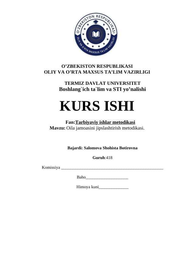 Oila jamoasini jipslashtirish metodikasi - KURS ISHI.doc
