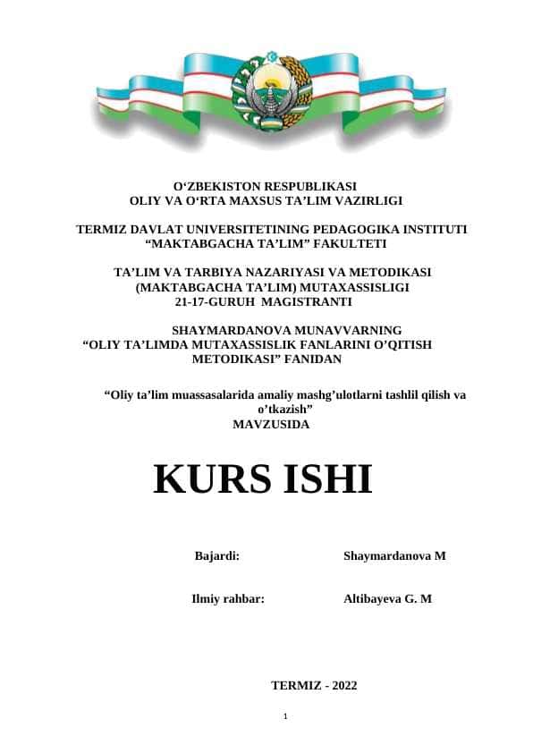 Oliy ta’lim muassasalarida amaliy mashg’ulotlarni tashlil qilish va o’tkazish