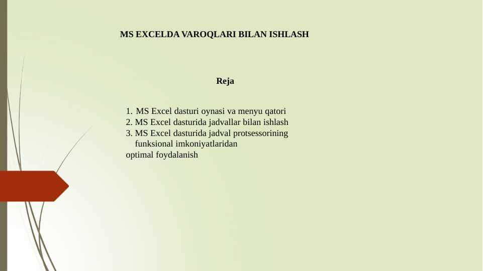 MS EXCELDA VAROQLARI BILAN ISHLASH