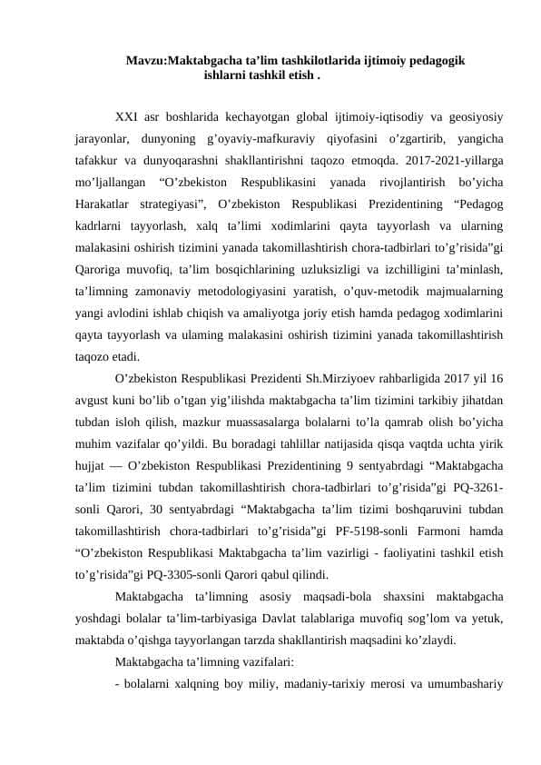 Maktabgacha ta’lim tashkilotlarida ijtimoiy pedagogik ishlarni tashkil etish,