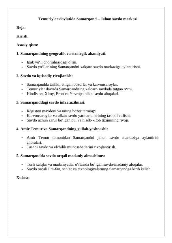 Temuriylar davlatida Samarqand – Jahon savdo markazi