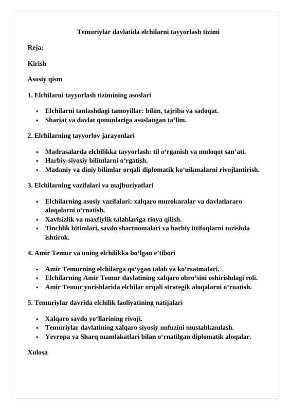 Temuriylar davlatida elchilarni tayyorlash.
