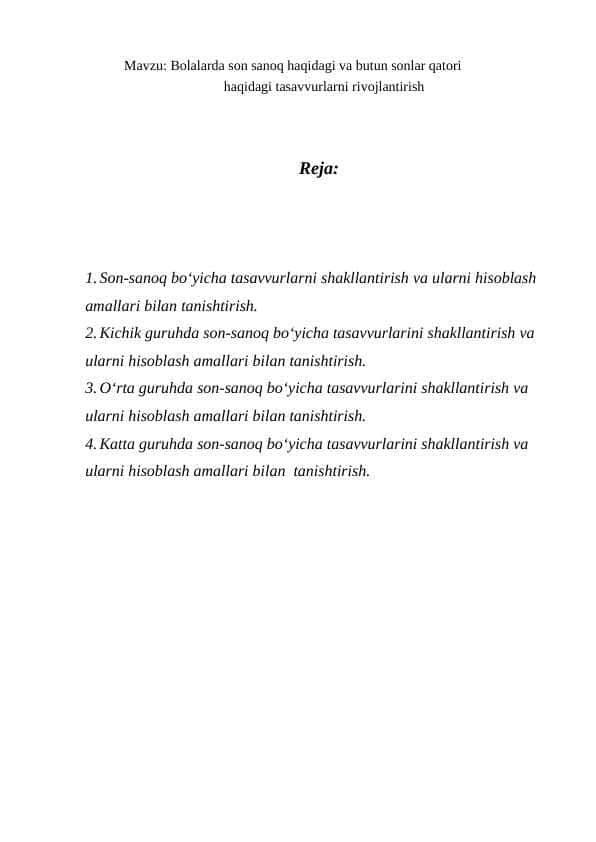 Bolalarda son sanoq haqidagi va butun sonlar qatori haqidagi tasavvurlarni rivojlantirish