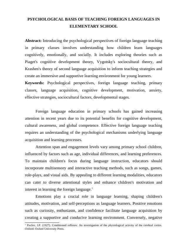 PSYCHOLOGICAL BASIS OF TEACHING FOREIGN LANGUAGES IN ELEMENTARY SCHOOL