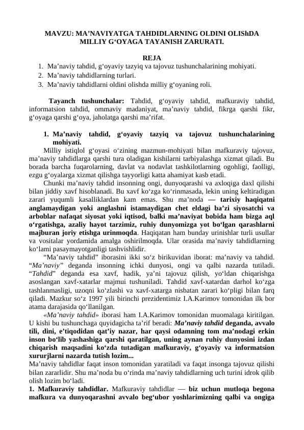 MA’NAVIYATGA TAHDIDLARNING OLDINI OLIShDA MILLIY G‘OYAGA TAYANISH ZARURATI