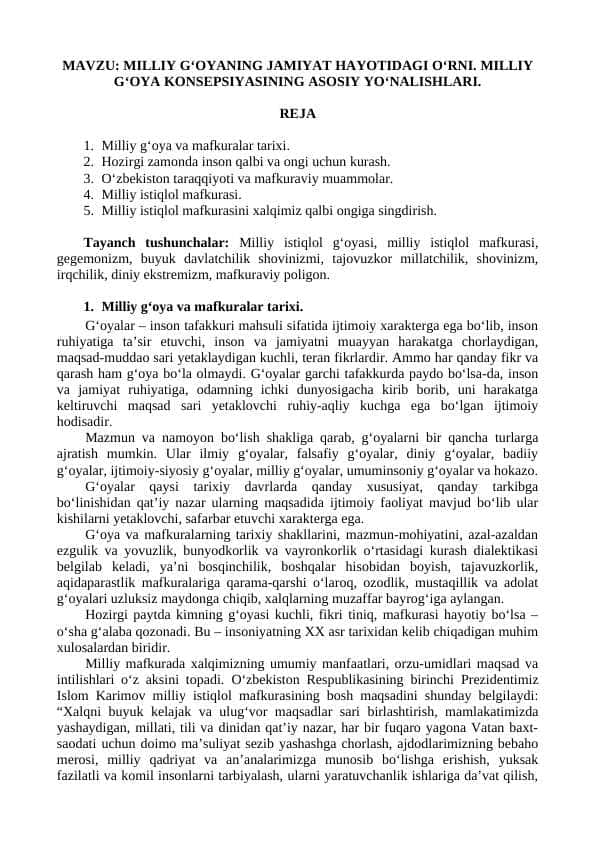 MILLIY G‘OYANING JAMIYAT HAYOTIDAGI O‘RNI. MILLIY G‘OYA KONSEPSIYASINING ASOSIY YO‘NALISHLARI