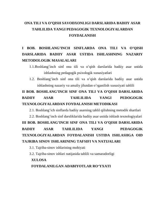 ONA TILI VA O’QISH SAVODXONLIGI DARSLARIDA BADIIY ASAR TAHLILIDA YANGI PEDAGOGIK TEXNOLOGIYALARDAN FOYDALANISH