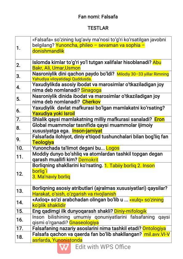 falsafa fanidan yakuniy nazorat testlari javoblari bilan
