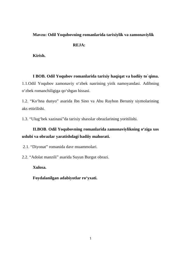 Odil Yoqubovning romanlarida tarixiylik va zamonaviylik