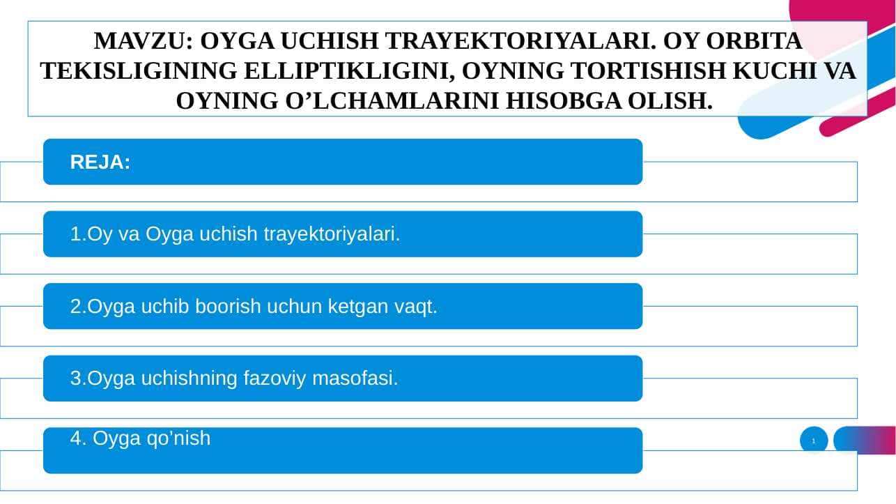 OYGA UCHISH TRAYEKTORIYALARI. OY ORBITA TEKISLIGINING ELLIPTIKLIGINI, OYNING TORTISHISH KUCHI VA OYNING O’LCHAMLARINI HISOBGA OLISH