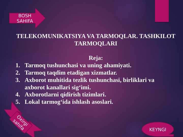 TELEKOMUNIKATSIYA VA TARMOQLAR. TASHKILOT TARMOQLARI