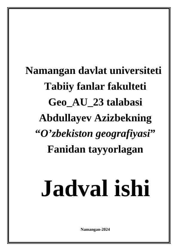 O’zbekiston ichki suvlarini jadvalini tuzish