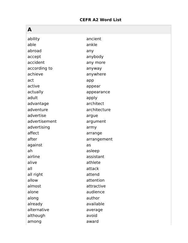 CEFR A2 Word List