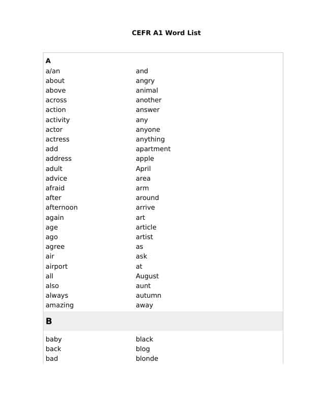 A1-A2 Level Word List