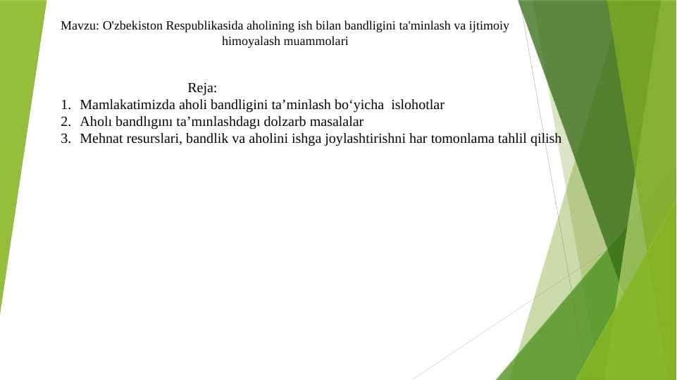 O'zbekiston Respublikasida aholining ish bilan bandligini ta'minlash va ijtimoiy himoyalash muammolari