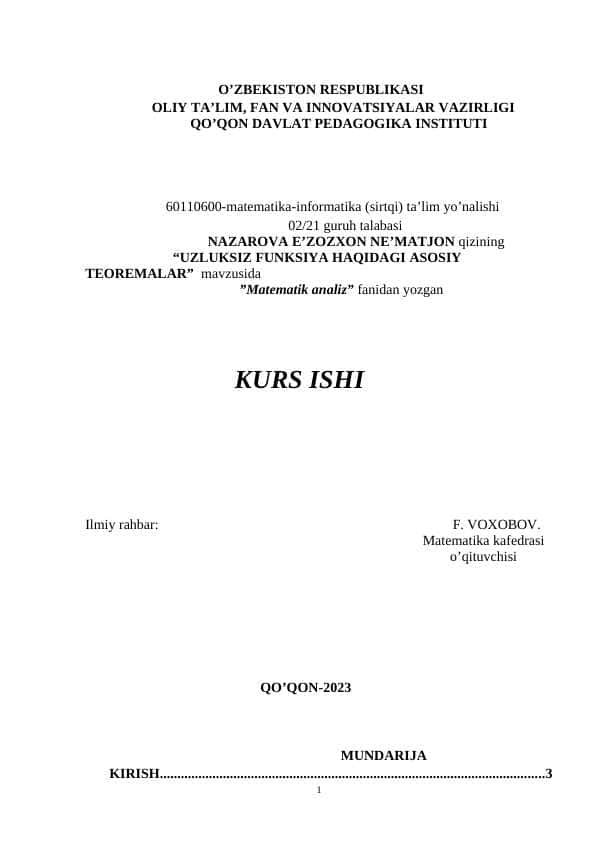 “UZLUKSIZ FUNKSIYA HAQIDAGI ASOSIY TEOREMALAR”