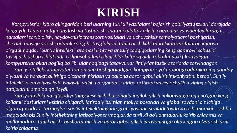 “Iqtisodiyot sohalarda sun'iy intellektdan foydalanish xususiyatlari”