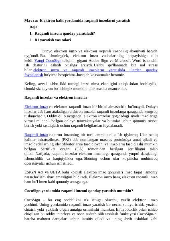 Elektron kalit yordamida raqamli imzolarni yaratish