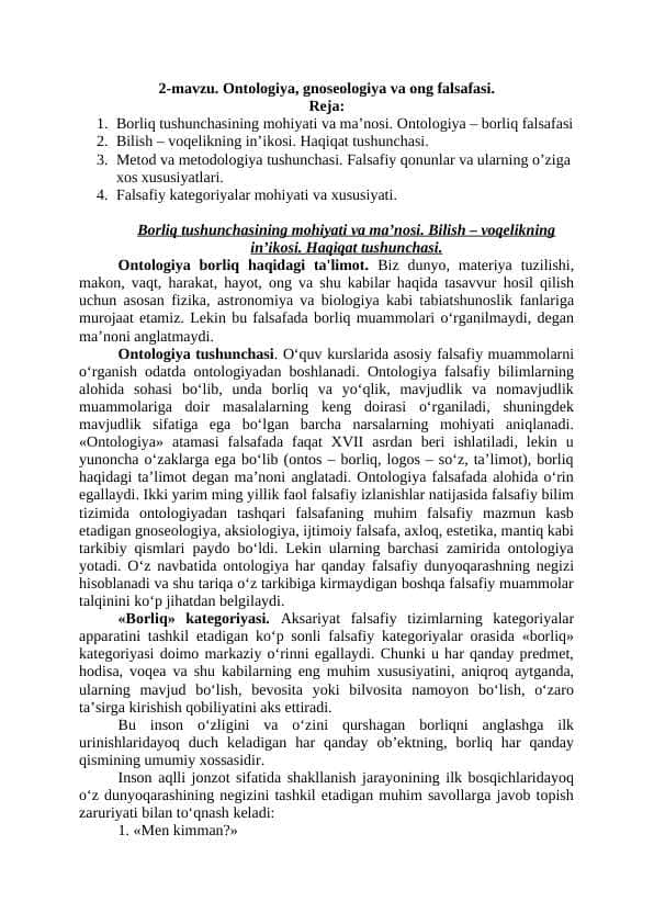 Ontologiya, gnoseologiya va ong falsafasi.