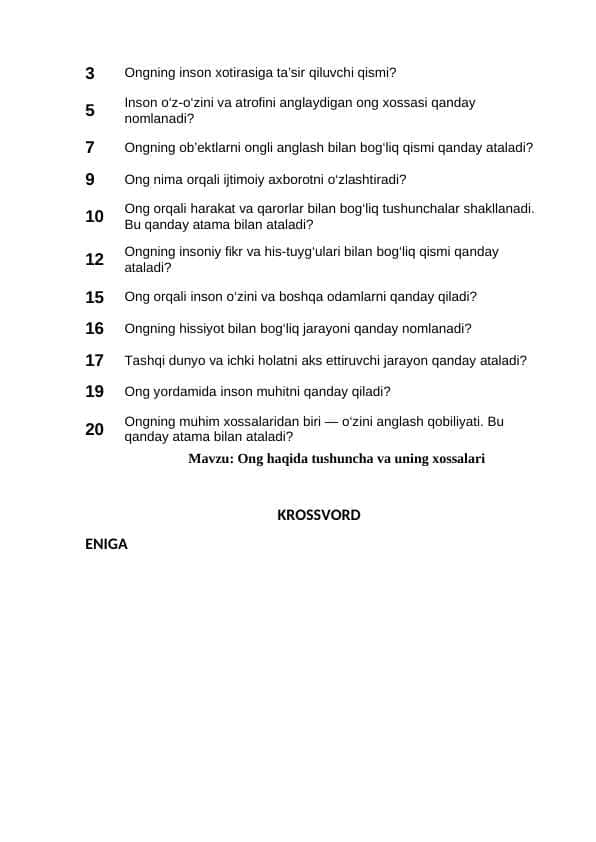 Ong haqida tushuncha va uning xossalari Krossvord