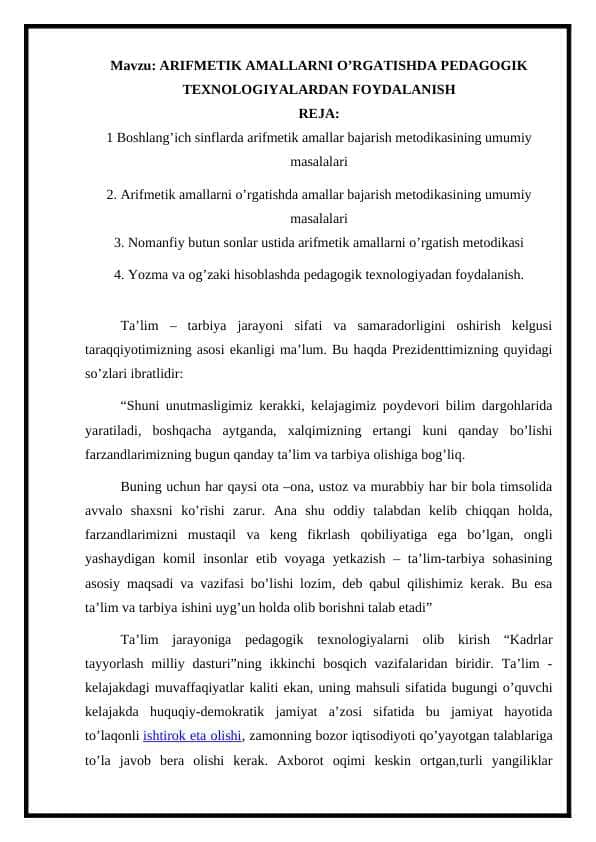 ARIFMETIK AMALLARNI O’RGATISHDA PEDAGOGIK TEXNOLOGIYALARDAN FOYDALANISH