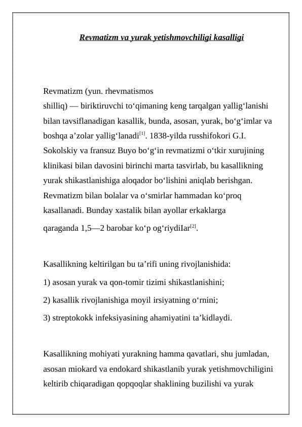Revmatizm va yurak yetishmovchiligi kasalligi