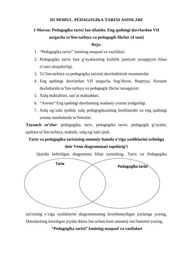 1-Mavzu: Pedagogika tarixi fan sifatida. Eng qadimgi davrlardan VII asrgacha ta’lim-tarbiya va pedagogik fikrlar (4 soat)