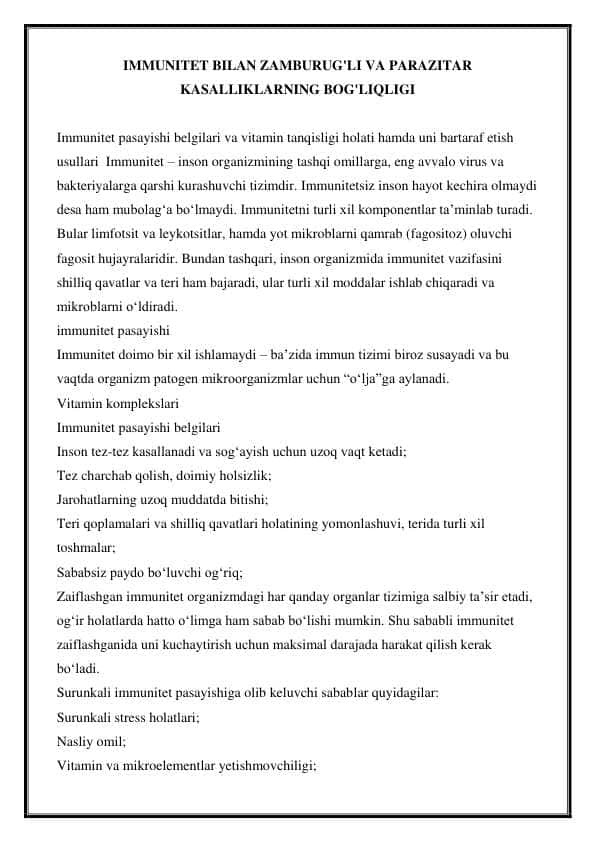 IMMUNITET BILAN ZAMBURUG'LI VA PARAZITAR KASALLIKLARNING BOG'LIQLIGI