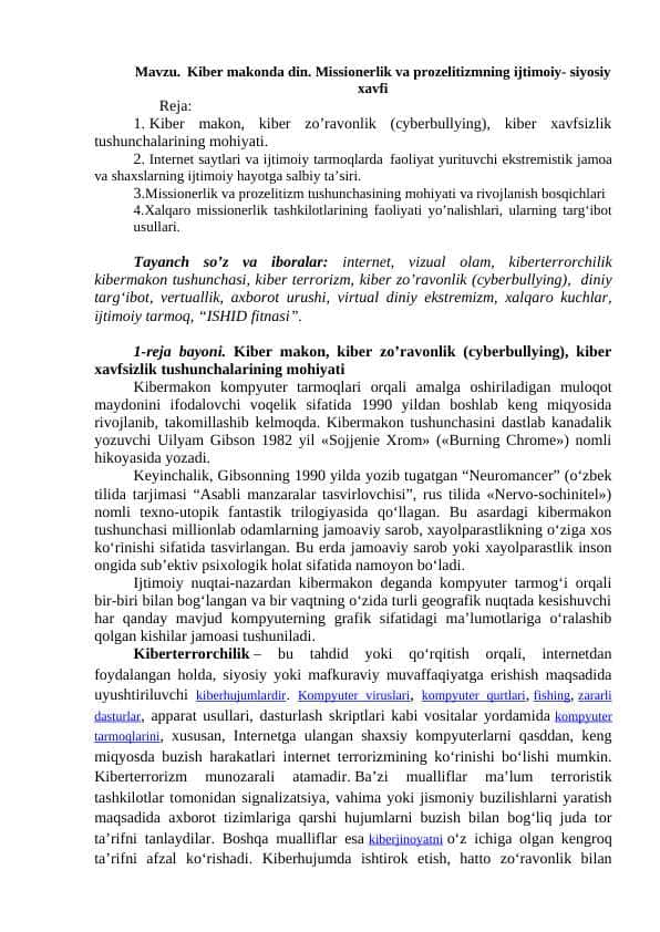 Kiber makonda din. Missionerlik va prozelitizmning ijtimoiy- siyosiy xavfi