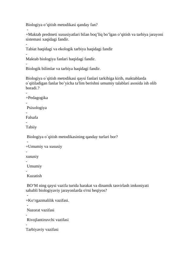 Biologiyani o'qitish metodikasi fanidan 300 test javobi bn