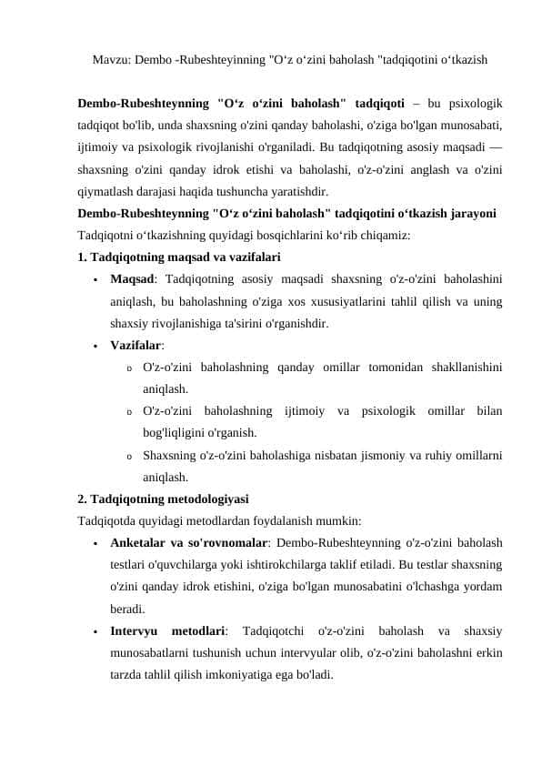 Dembo -Rubeshteyinning "Oʻz oʻzini baholash "tadqiqotini oʻtkazish