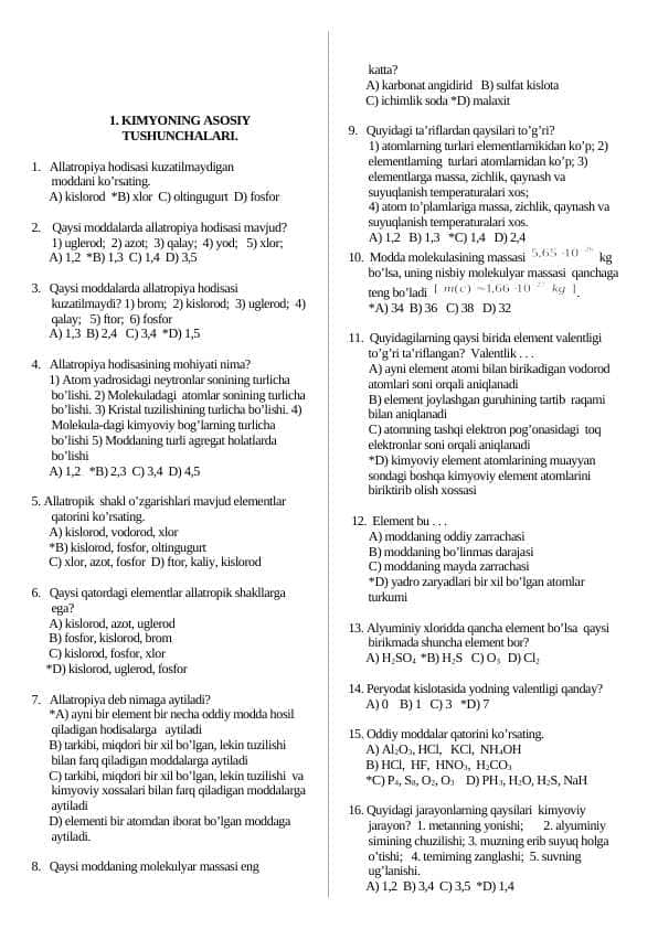 KIMYO VA BIOLOGIYA TESTLAR TOPLAMI JAVOBLARI BILAN BIRGA