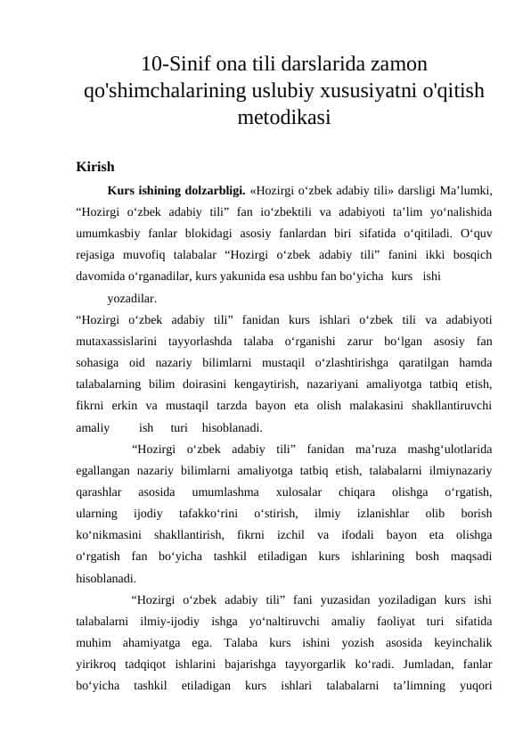 10-Sinif ona tili darslarida zamon qo'shimchalarining uslubiy xususiyatni o'qitish metodikasi