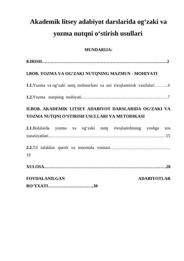 Akademik litsey adabiyot darslarida og‘zaki va yozma nutqni o‘stirish usullari