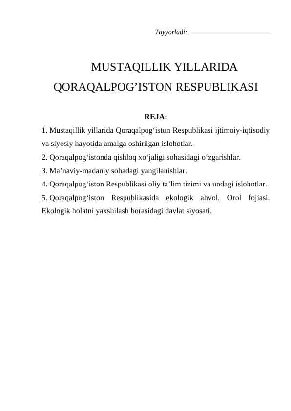 MUSTAQILLIK YILLARIDA QORAQALPOG’ISTON RESPUBLIKASI