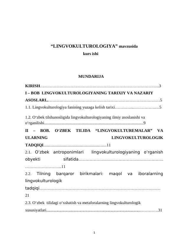 “LINGVOKULTUROLOGIYA” mavzusida kurs ishi