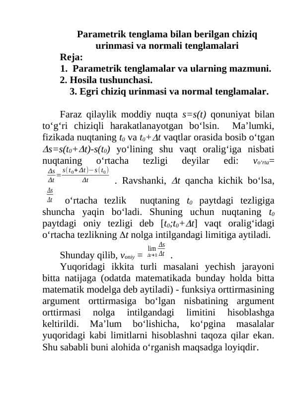 Parametrik tenglama bilan berilgan chiziq urinmasi va normali tenglamalari