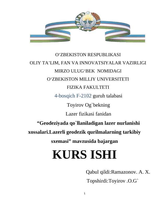 Geodeziyada qo`llaniladigan lazer nurlanishi xossalari.Lazerli geodezik qurilmalarning tarkibiy sxemasi