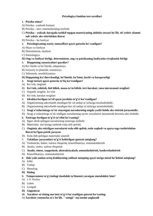Psixologiya fanidan test savollari javoblari bilan - 150