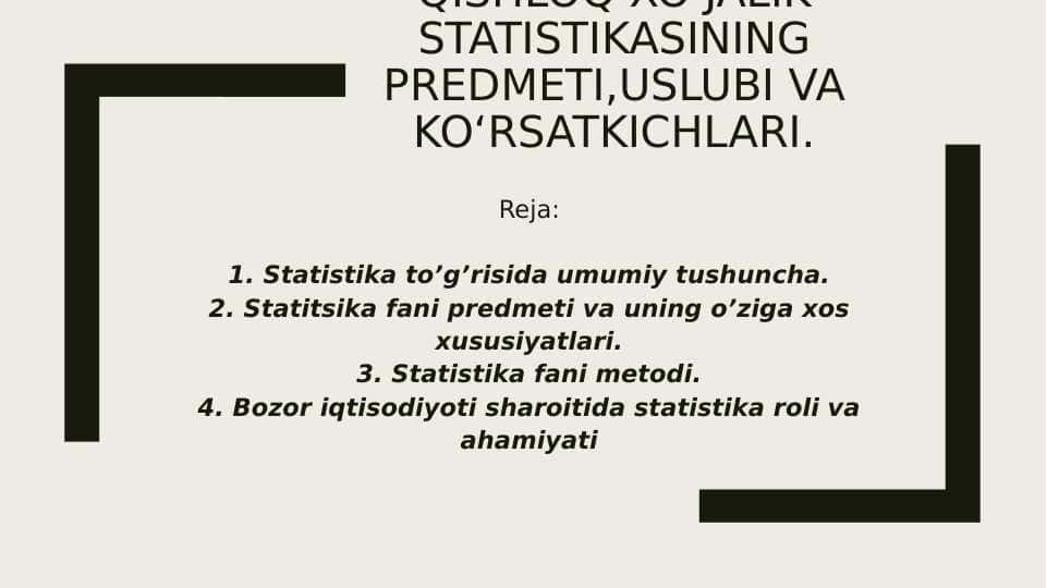 Qishloq xoʻjalik statistikasining predmeti,uslubi va koʻrsatkichlari.