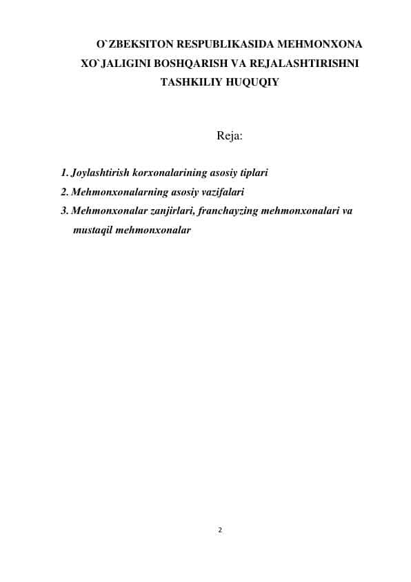 O`ZBEKSITON RESPUBLIKASIDA MEHMONXONA XO`JALIGINI BOSHQARISH VA REJALASHTIRISHNI TASHKILIY HUQUQIY