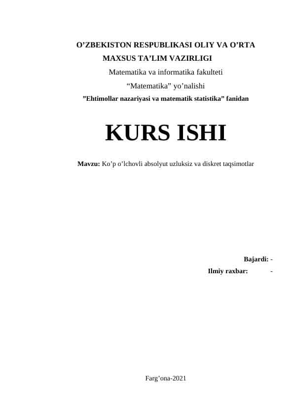 Ko’p o’lchovli absolyut uzluksiz va diskret taqsimotlar