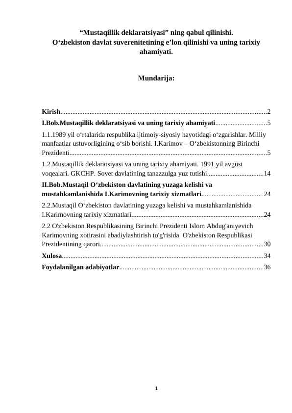 “Mustaqillik deklaratsiyasi” ning qabul qilinishi. Oʻzbekiston davlat suverenitetining eʼlon qilinishi va uning tarixiy ahamiyati.